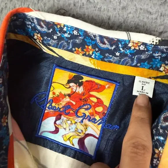 Robert Graham Shirt Mens L Multicolor Abstract Japanese Art Floral Dragon Accent - Picture 3 of 8